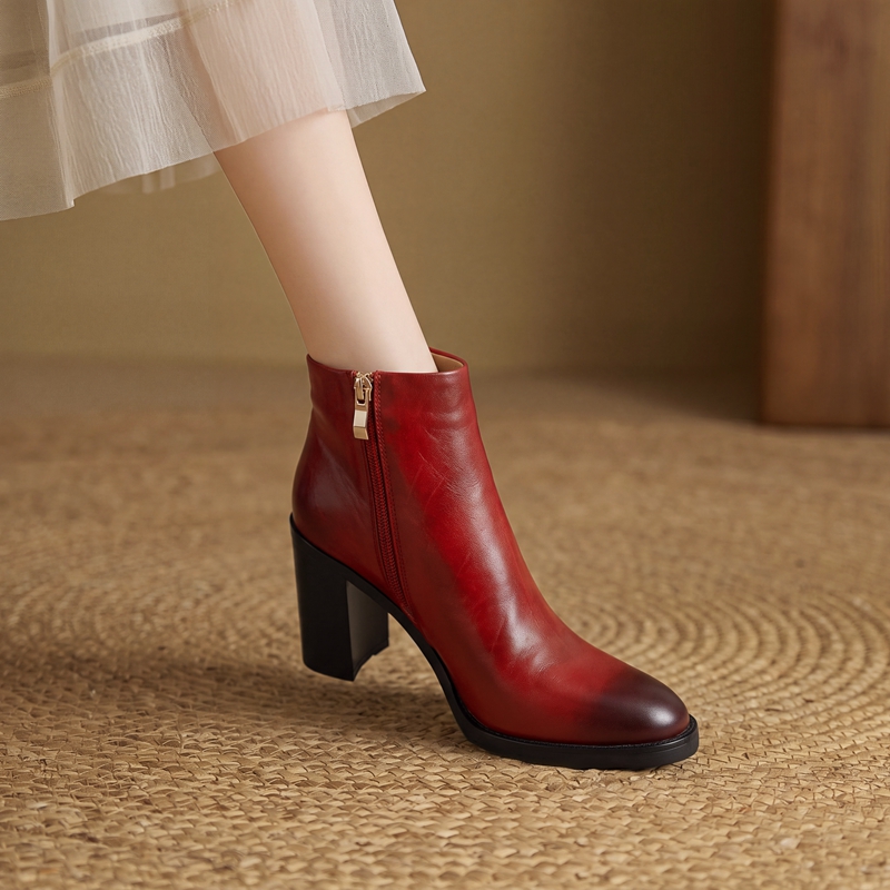 Leather Work Women Shoes - Enkellaarsjes met blokhak, vierkante neus, rood-zwarte