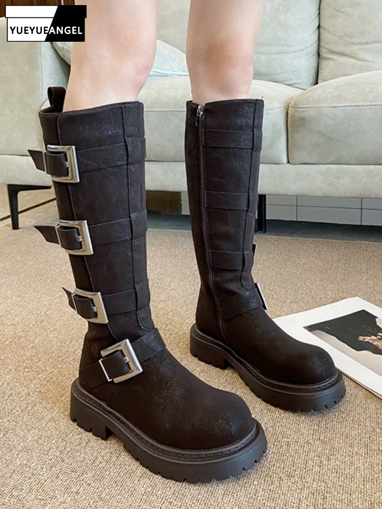 Leather Work Women Shoes - Mode Dames Multi Buckle Kniehoge Laarzen